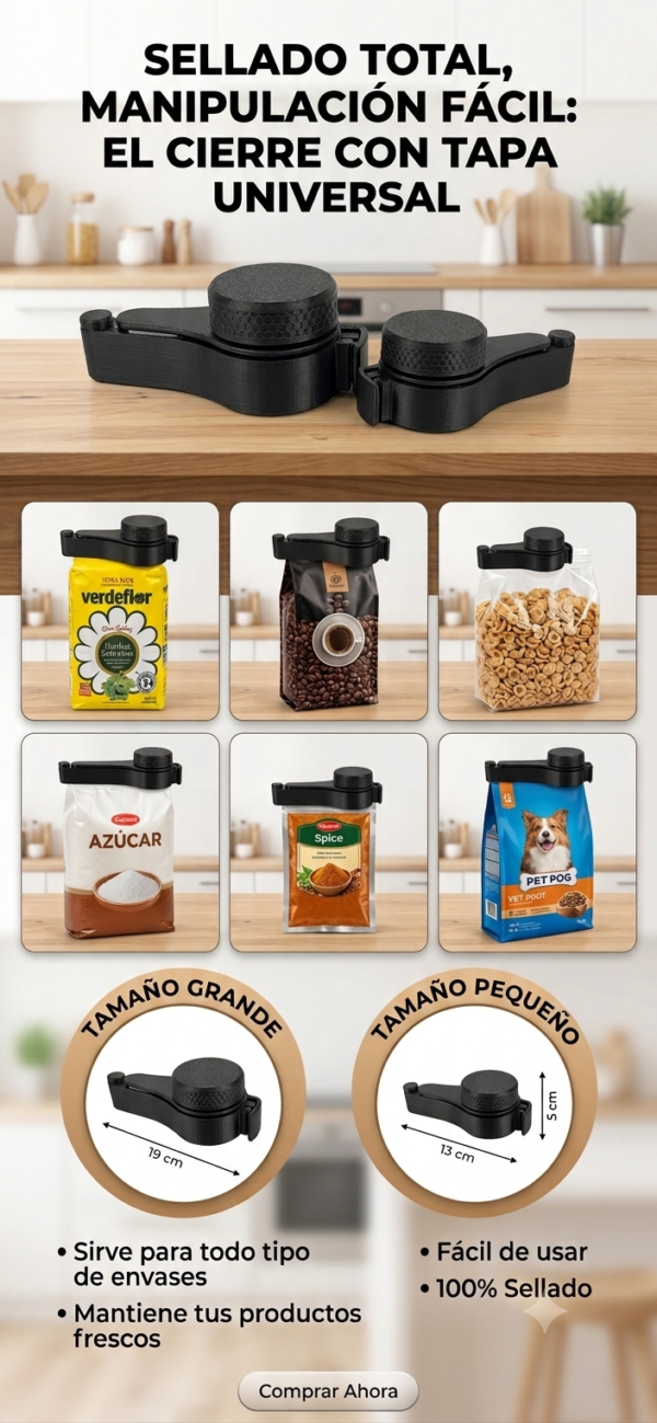 Clip con Tapa Para Cerrar Envases De Cafe Mate Azúcar Harina etc