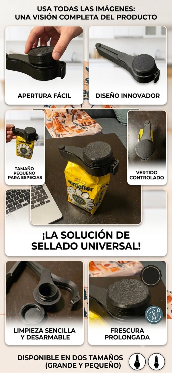 Clip con Tapa Para Cerrar Envases De Cafe Mate Azúcar Harina etc