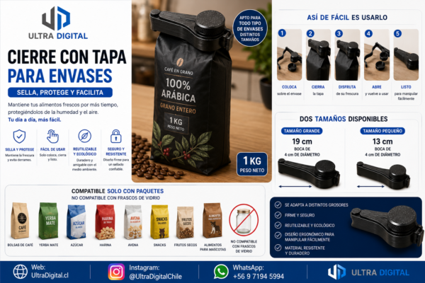 Clip con Tapa Para Cerrar Envases De Cafe Mate Azúcar Harina etc