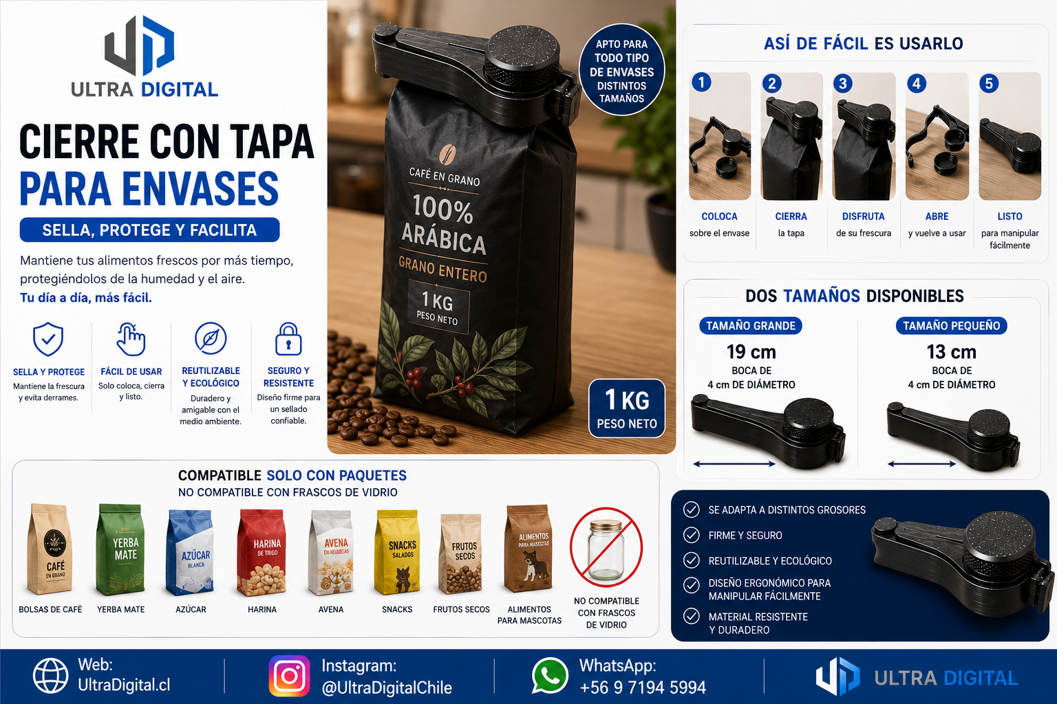 Clip con Tapa Para Cerrar Envases De Cafe Mate Azúcar Harina etc
