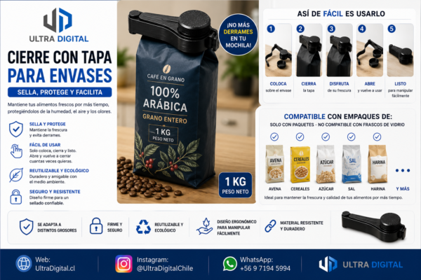 Clip con Tapa Para Cerrar Envases De Cafe Mate Azúcar Harina etc