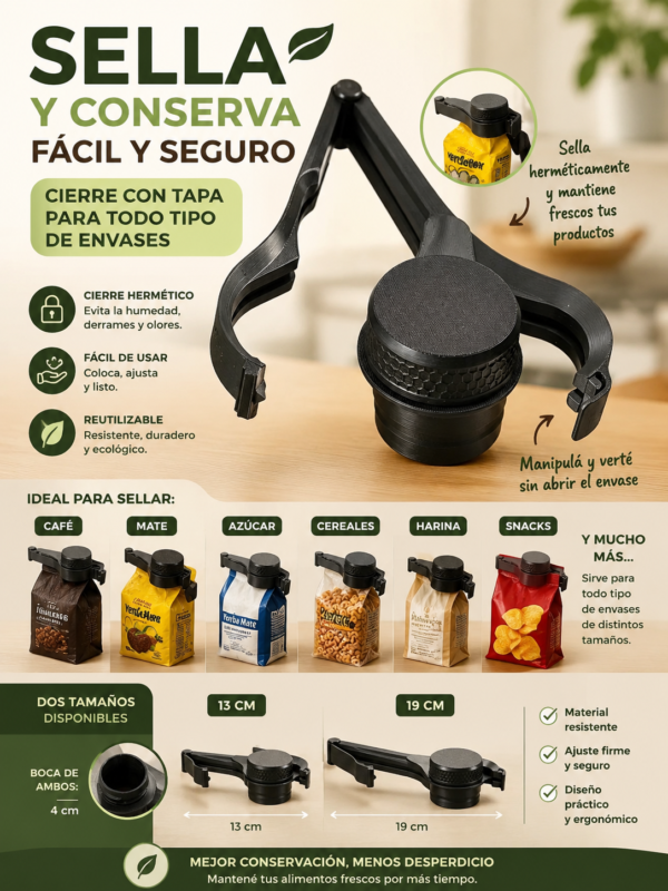 Clip con Tapa Para Cerrar Envases De Cafe Mate Azúcar Harina etc