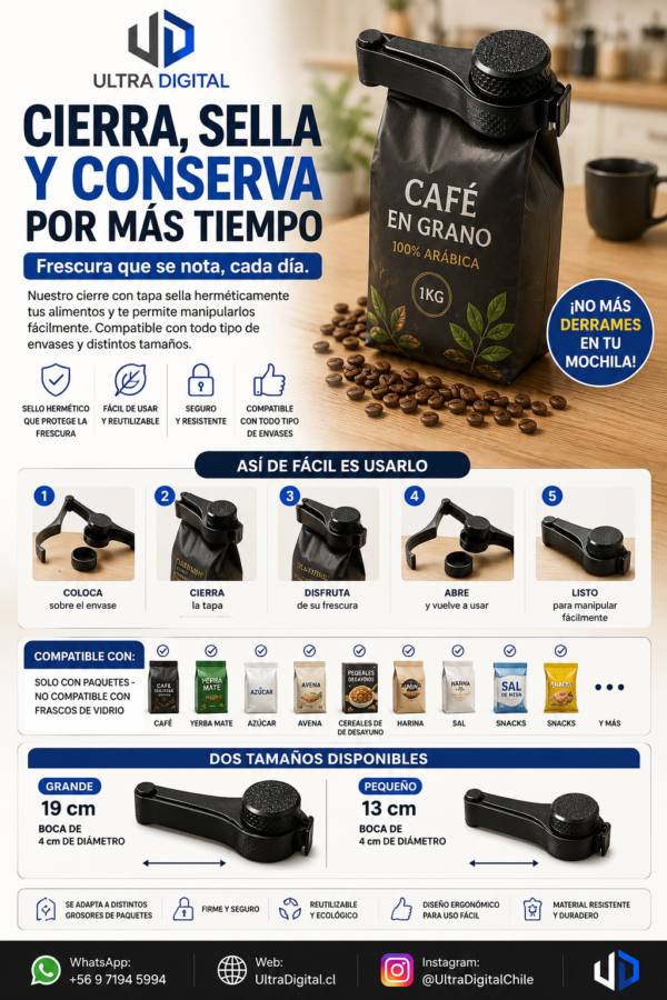 Clip con Tapa Para Cerrar Envases De Cafe Mate Azúcar Harina etc
